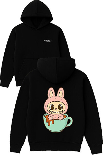 VSRN تصميم الوحش في الفنجان مطبوع قصة فضفاضة سويت شيرت أسود بغطاء رأس