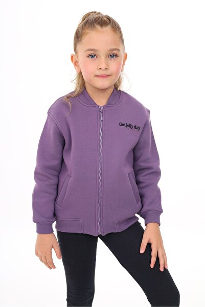 Toontoy Mor Kız Çocuk Kolej Yaka Fermuarlı Cepli Düşük Omuz Nakış Baskılı Örm...