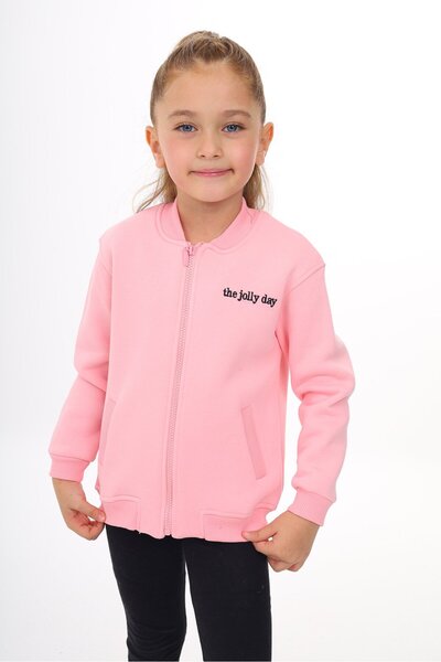 Toontoy Pink Girl's College Collar Zippered Pocket Low Shoulder Embroidery Pr...