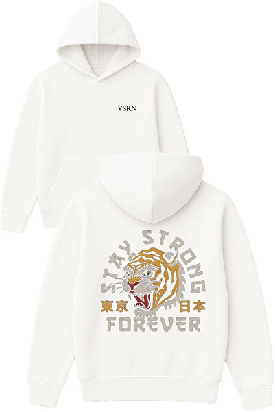 VSRN ستاي سترونج ديزاين مطبوع قصة فضفاضة سويت شيرت أبيض بغطاء رأس