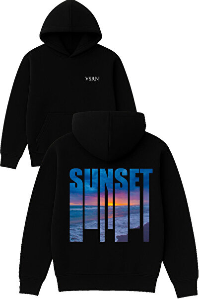 VSRN تصميم غروب الشمس باللون الأزرق الداكن مطبوع قصة فضفاضة سويت شيرت أسود بغ...