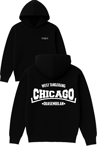 VSRN سترة ويست تانجرانج شيكاغو ديزاين مطبوع قصة فضفاضة سوداء بغطاء رأس