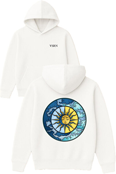 VSRN Hanorac alb supradimensionat cu glugă, imprimat cu design Moon and Sun