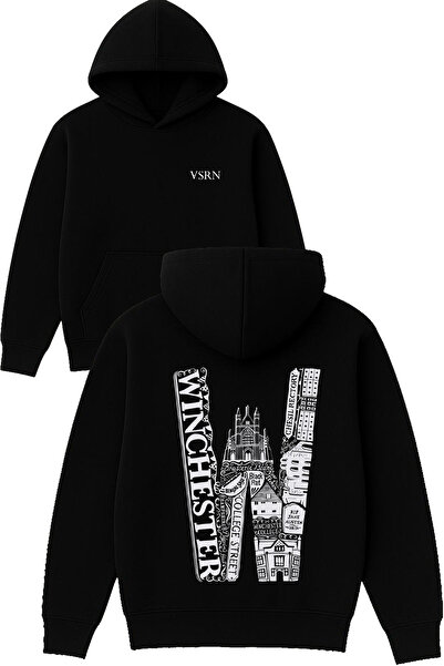 VSRN سترة وينشستر ديزاين مطبوع قصة فضفاضة باللون الأسود بغطاء رأس