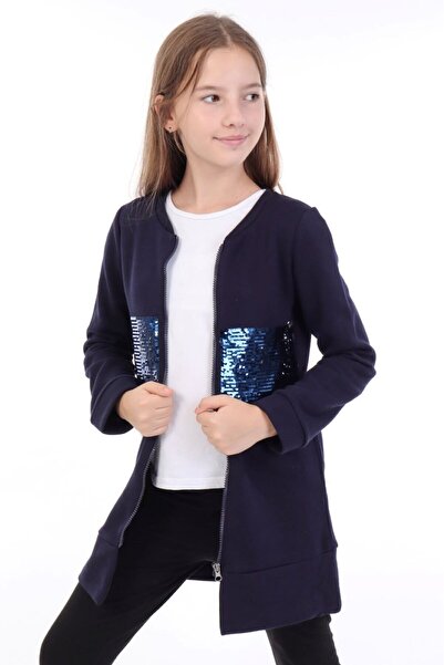 Toontoy Navy Blue Girls' College Collar Zippered Sequin Embroidery Printed Kn...