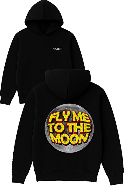 VSRN Fly Me to the Moon Design Printed Oversized Black Hooded Sweatshirt