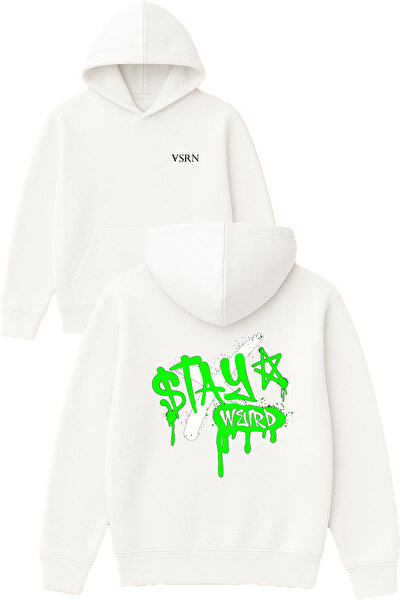 VSRN Hanorac alb supradimensionat cu glugă, imprimat cu design  "Stay Weird "...