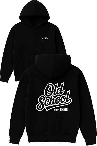 VSRN old schl 1980 Hanorac negru supradimensionat cu glugă și imprimeu