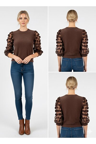 Glaura Fashion Kahverengi Tüylü Dokulu Tül Kollu Çiçek İşlemeli Kadın Kazak /...