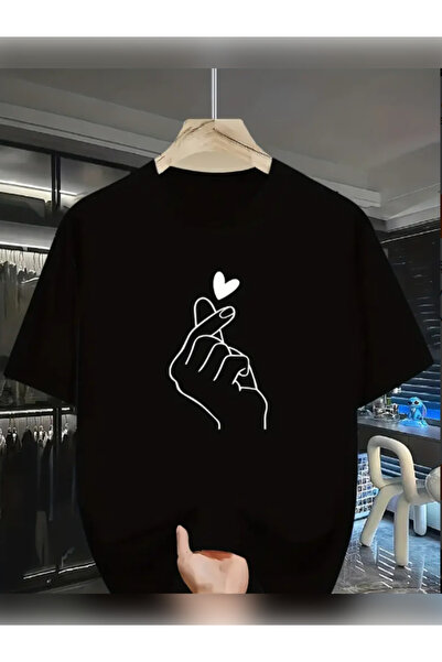 TİMİSİVA Μπλουζάκι Unisex oversized EL KALP με τύπωμα Μαύρο μπλουζάκι με κοντ...