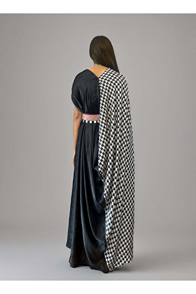 ECSTACY COUTURE Checkered Side Belt Drape Dress