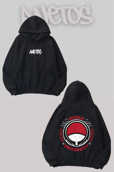 Anetos Rucsac Universitatea Uchiha cu imprimeu Negru cu glugă Swea tricou