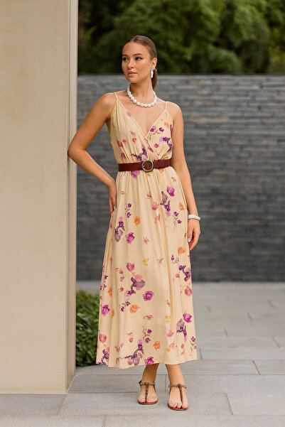 MG Viscose Fabric Suspender Floral Print Beige Dress Office Daily Stylish