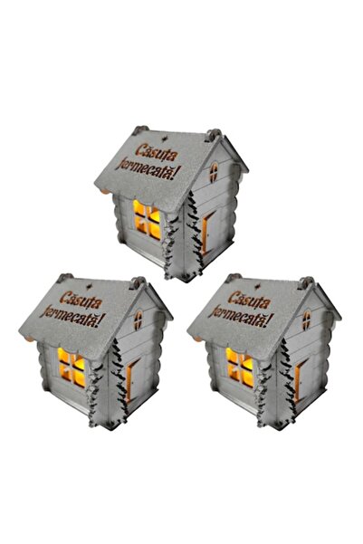 T&M Personalizare Set de 3 căsuțe - Casă fermecată, argint, 9x9x9 cm, lemn