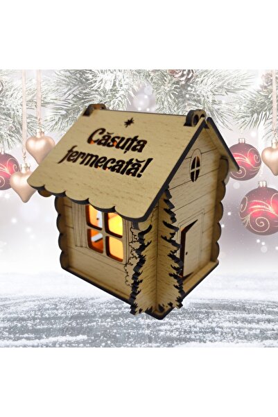 T&M Personalizare Personalized wooden Christmas house (beech) with LED, 'Enchanted House' text, 9x9x9 cm
