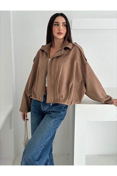 LUMİ سترة نسائية ذات مظهر جلد الغزال البني قصة فضفاضة