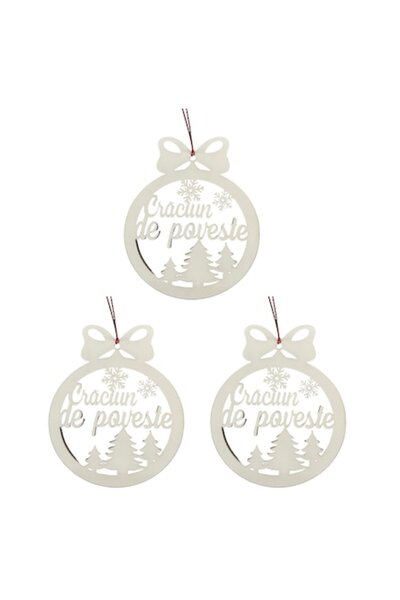 T&M Personalizare Set de 3 globuri de Crăciun - rotunde, albe, 8 cm, lemn