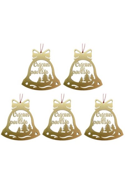 T&M Personalizare Set de 5 globuri de Crăciun din lemn - formă de clopoțel, a...