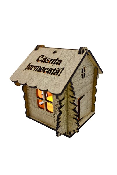 OEM Personalized wooden Christmas house, kraft brown with LED, 'Enchanting House' text, tree ornament, b