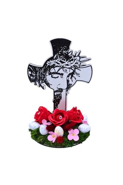 T&M Personalizare Cruce de Paște din lemn decorată cu flori de săpun roșii și...