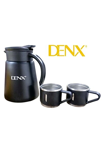 denix ترمس سعة 880 مل للقهوة والشاي مع كوبين إضافيين للتقديم - أسود