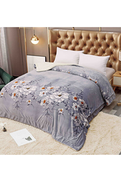 JOJO HOME Cocolino blanket with Printed fur, 200x230cm, Flowers, Lilac