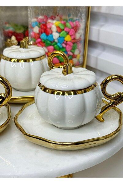 dunyazuccaciye Bal Kabağı Kapaklı Model Porselen Türk Kahvesi Fincanı