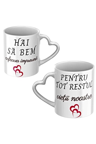 T&M Personalizare Set de 2 căni ceramice albe cu mâner în formă de inimă, 330...
