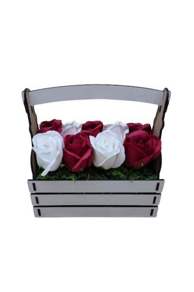 T&M Personalizare Coș ornamental din lemn alb, cu mâner, decorat cu flori de ...