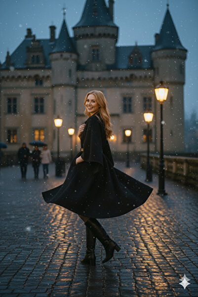 LİMABEL Black Women's Comfortable Fabric Araboy Belted Cashmere Poncho New-1