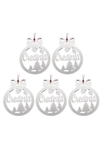 T&M Personalizare Set de 5 globuri de Crăciun - „Credință” - rotunde, arginti...
