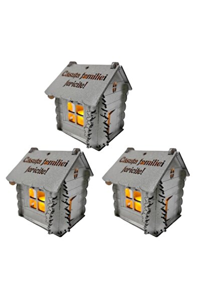 T&M Personalizare Set de 3 căsuțe - Casă de familie fericită, argintiu, 9x9x9 cm, lemn
