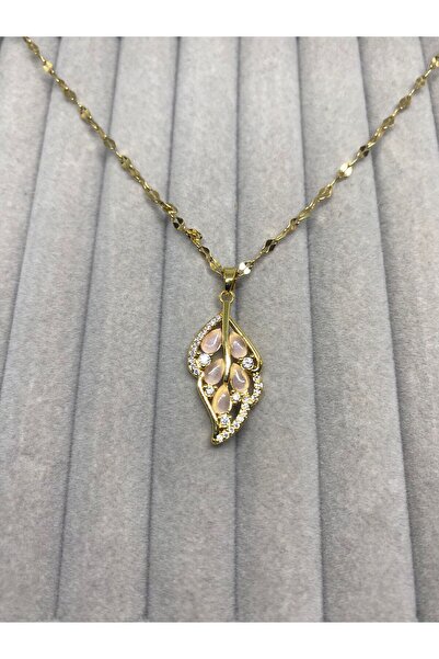 Kaan Accessoire Pink Stone Leaf Figured Women's Steel Necklace Gold Color Zir...