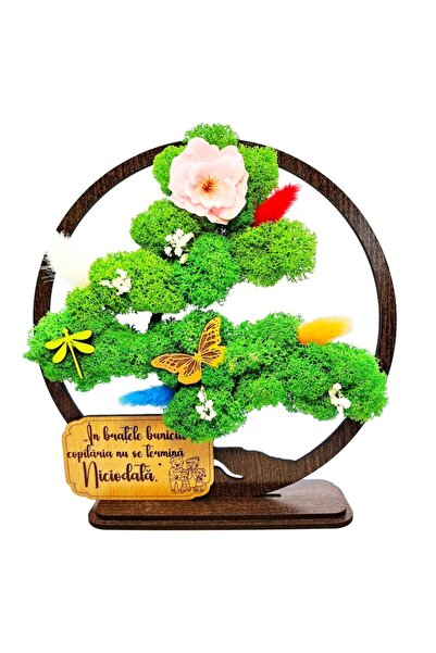 OEM Decorative Panel - Bonsai with Stabilized Moss & Decorative Accents, Message for Grandparents, Wenge