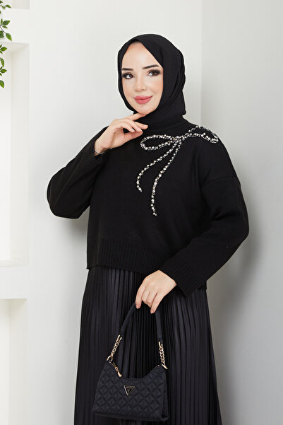 Blue Morpho Bow Detailed Knitwear Stone Embellished Skirt Top Crop Sweater