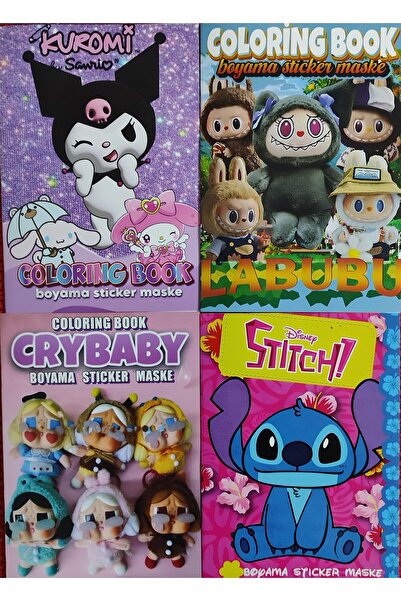 ada çanta kırtasiye 4 adet stickerli boyama kitabı (KuromiM/Labubu/stitch/cry...