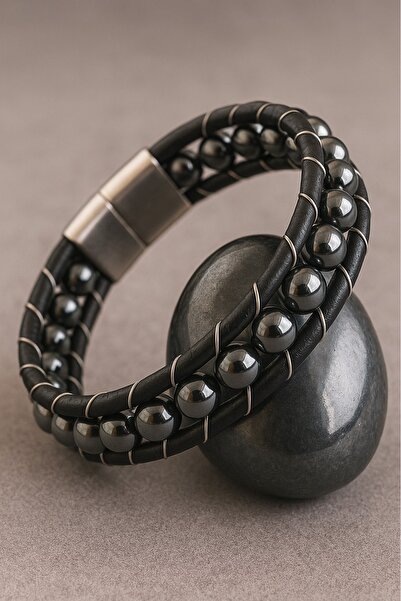 voyageaccessory Stylish and Elegant Design Black Leather Hematite Stone Magnetic Men's Bracelet