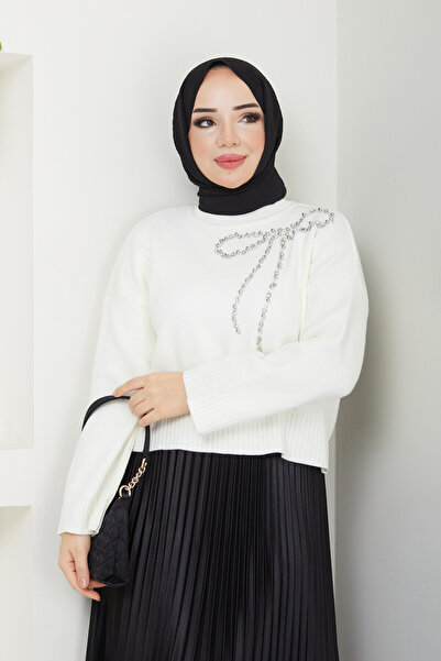 Blue Morpho Bow Detailed Knitwear Stone Embellished Skirt Top Crop Sweater