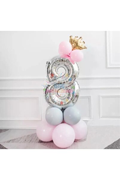 Genel Markalar Gümüş Rakam Ve Kral Tacı Folyo Balon Doğum Günü Yaş 8