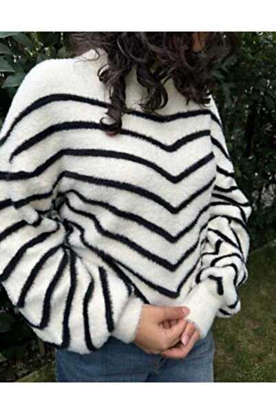 Butik Şans Verev Striped Crew Neck Bearded Knitwear Sweater