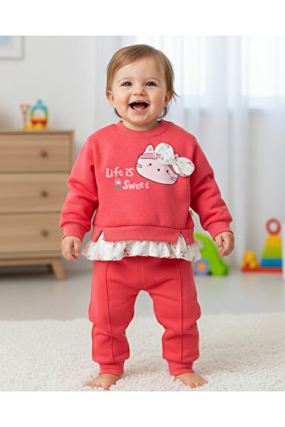 VEGAMOD Baby Girl Thick Winter 3-Layer Fleece Set with Fleece-Lined Cat Prints 6-9-12-18-24 Months
