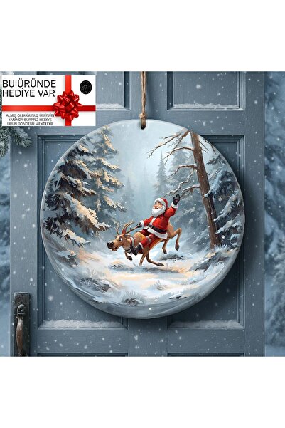 NT Handmade Yılbaşı Kapı Süsü 30 cm Noel Baba Temalı UV Baskı MDF Dekoratif Yeni Yıl Süsü