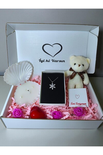 RAWEZON Konsept Hediye- Çelik Şeffaf Lotus Kolye,İstiridye Mum,Beyaz Ayıcık A...