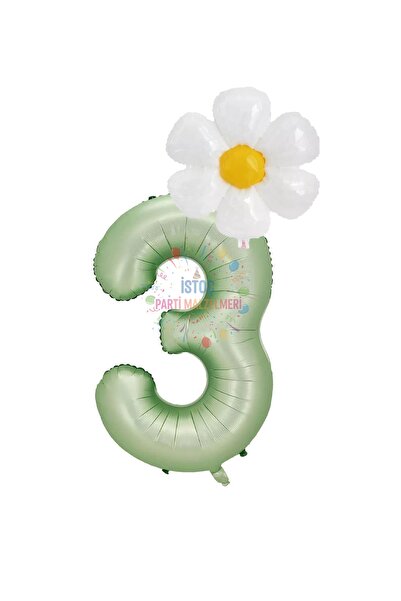 İSTOÇ PARTİ Water Green Color Number and Daisy Foil Balloon Set Age 3