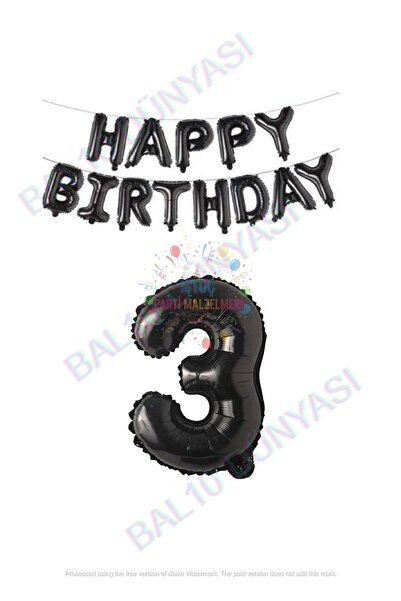 İSTOÇ PARTİ Black Happy Birthday Color Foil Balloon and Number Set Age 3