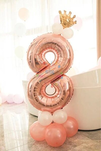 İSTOÇ PARTİ Age 8 Rose Gold Number Balloon Gold King Crown Balloon Set