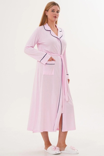 Mecit Pijama Women's Long Sleeve Button down Pajama Set with Robe, 3-Piece, 65% Cotton, 35% Viscose