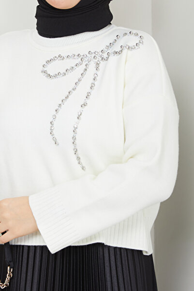 Blue Morpho Πλεκτό πουλόβερ με λεπτομέρεια φιόγκου και πέτρες στο επάνω μέρος της φούστας