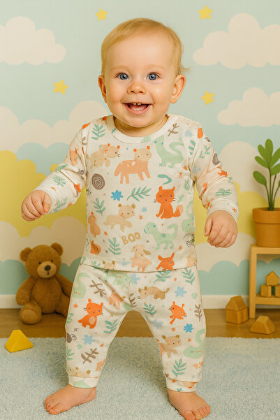 Vivolas 100% Cotton Baby Set with Snap Fasteners on the Shoulders, Unisex, 2-Piece, Top and Bottom, Monthly Sizes 3-6-9-12 Months