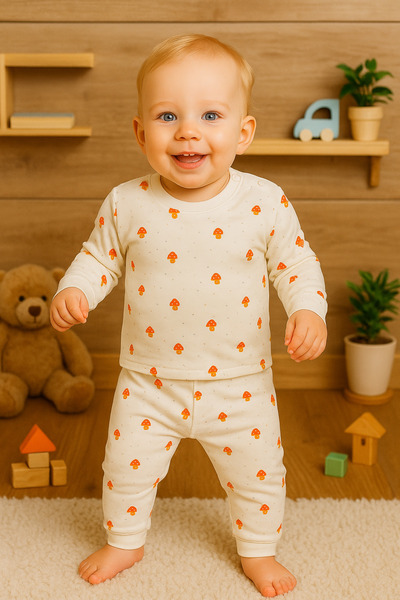 Vivolas 100% Cotton Baby Set with Snap Fasteners on the Shoulders, Unisex, 2-Piece, Top and Bottom, Monthly Sizes 3-6-9-12 Months